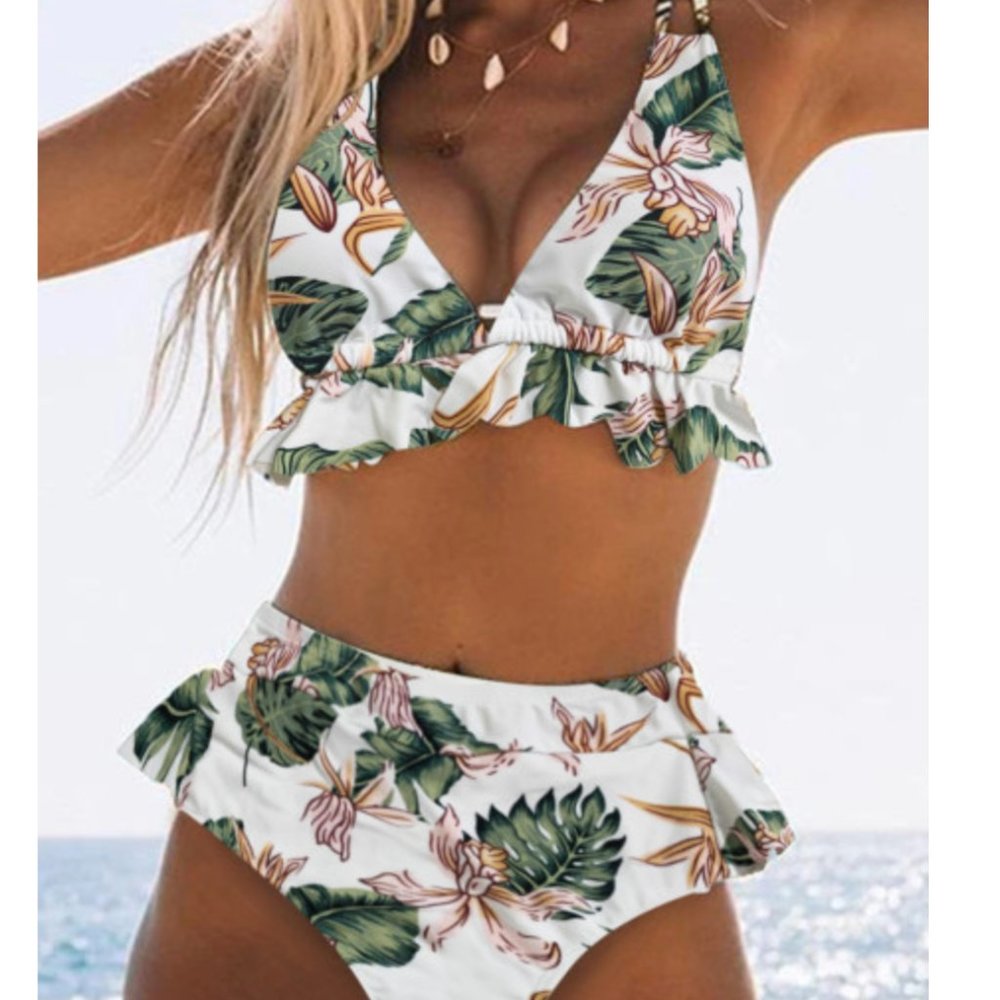 Green Floral Print Ruffles High-waisted Bikini Set
